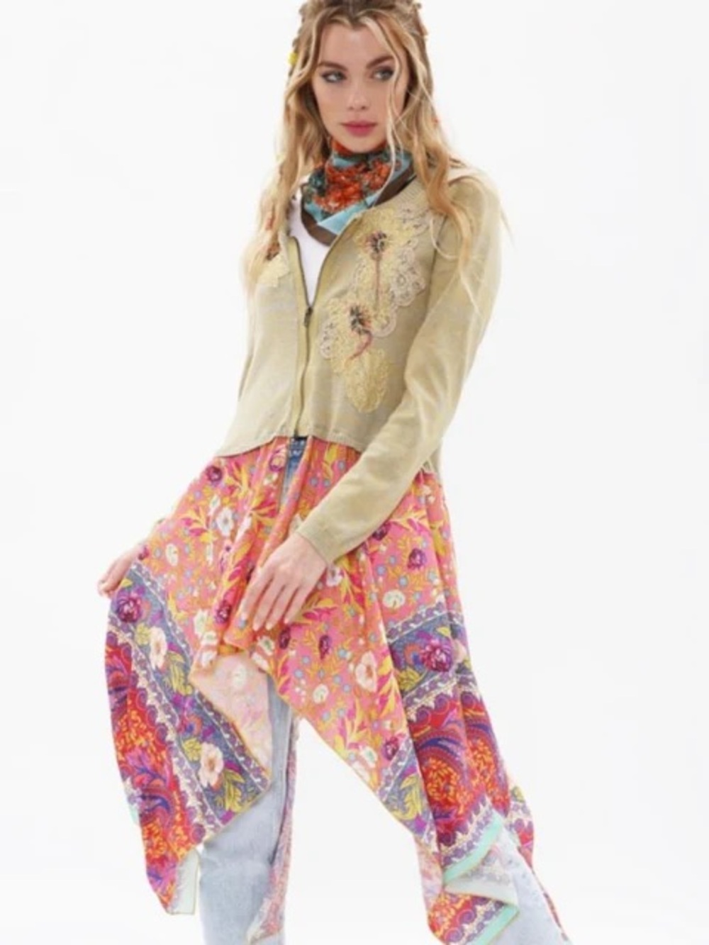 Aratta Silent Journey Olive Knit Bodice with Floral Asymmetrical Hem Dress